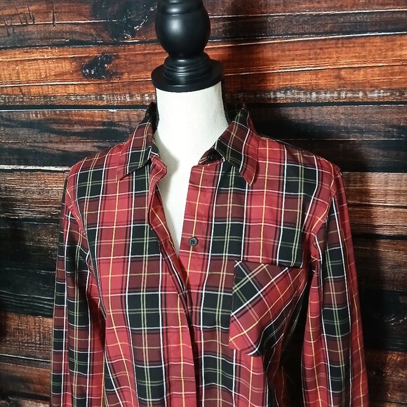 Orvis Top Size 14 Red Plaid Cotton Button Front Long Sleeve - Picture 4 of 10